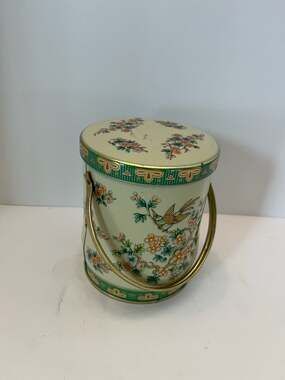 Vintage Daher England Bird Floral Metal Tin Canister w/ Lid Handle Round